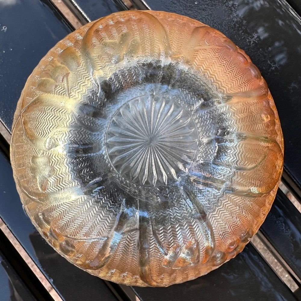 Carnival Glass Jeanette Iris & Herringbone Orange Iridescent Small Bowl VTG